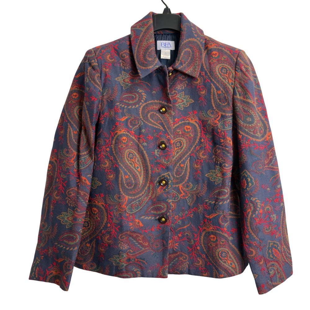BFA Classics Womens Navy Blue Paisley Tapestry Button Front Jacket Size Medium